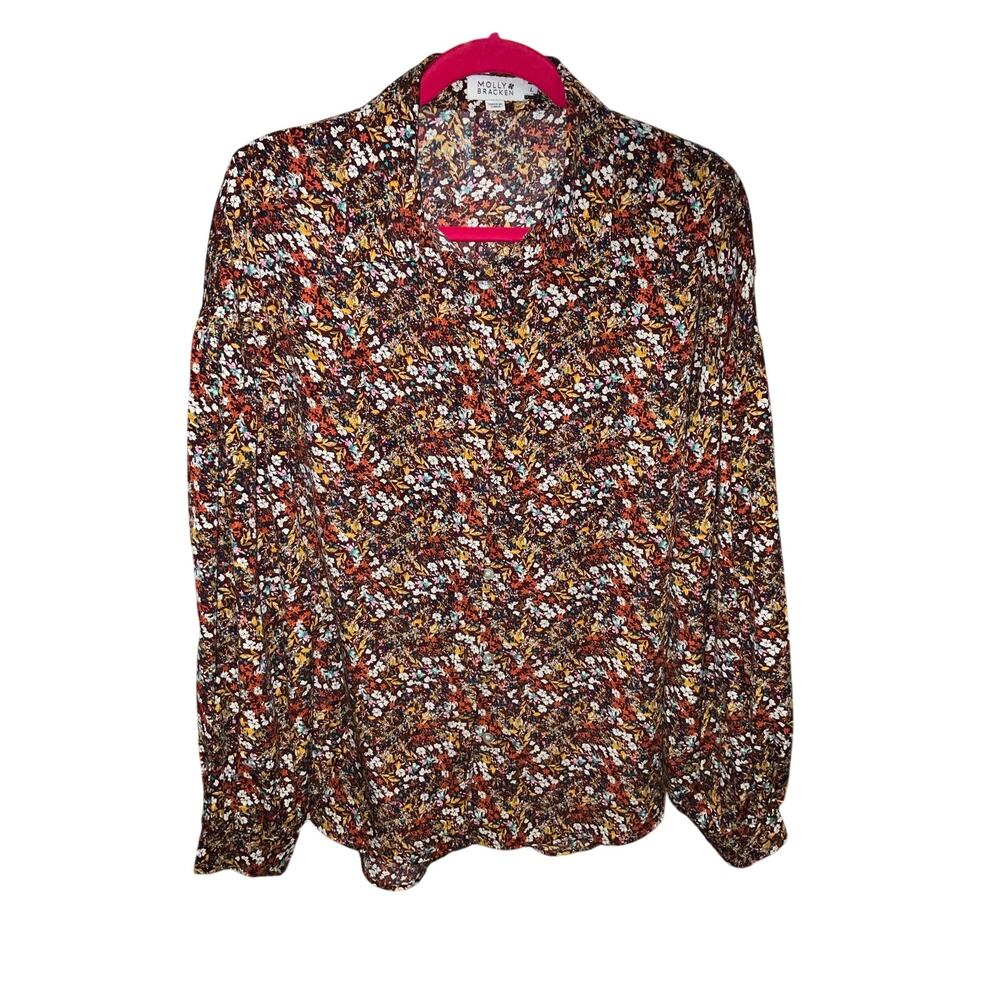 Molly Bracken Oversized Button Up Peasant Sleeves Floral Boho Blouse Size L